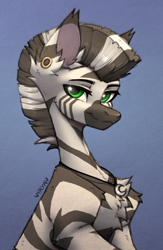 Size: 2112x3246 | Tagged: safe, artist:viryav, imported from derpibooru, oc, oc only, earth pony, pony, zebra, ear piercing, jewelry, looking at you, male, pendant, piercing, satisfied, simple background, sketch, smiling, smiling at you, solo, striped, traditional art