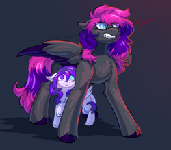 Size: 1887x1652 | Tagged: safe, artist:peachmayflower, imported from derpibooru, oc, oc:arcadia, oc:slipspace perigee, bat pony, pony, bat pony oc, bat wings, fangs, female, foal, mother, mother and child, mother and daughter, protecting, slit pupils, wings
