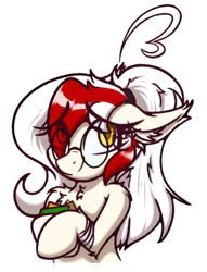 Size: 604x789 | Tagged: safe, artist:aryn, imported from derpibooru, oc, oc only, oc:awya lightfeather, pegasus, pony, ahoge, alternate hairstyle, bandage, book, female, glasses, half body, looking at you, mare, nerd, pegasus oc, ponytail, solo, two toned mane, wings