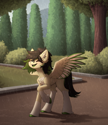 Size: 3222x3725 | Tagged: safe, artist:viryav, imported from derpibooru, oc, oc only, fluffy pony, pegasus, pony, blushing, bush, commission, complex background, ear piercing, eyes closed, female, fluffy, full body, grass, happy, mare, nose piercing, piercing, rain, road, shadow, smiling, solo, tree, wings