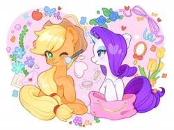 Size: 1890x1417 | Tagged: safe, artist:chonpsk, imported from derpibooru, applejack, rarity, earth pony, pony, unicorn, applejack's hat, applying makeup, bag, blushing, cowboy hat, duo, duo female, female, flower, freckles, hat, heart, horn, lesbian, letter, looking at each other, looking at someone, love letter, magic, makeup, makeup brush, mare, mirror, rarijack, shipping, sitting, telekinesis