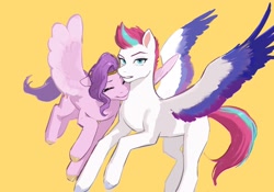 Size: 2048x1431 | Tagged: safe, artist:qhsg3, imported from derpibooru, pipp petals, zipp storm, pegasus, pony, eyes closed, female, g5, looking at you, nuzzling, royal sisters (g5), siblings, simple background, sisters, spread wings, wings, yellow background