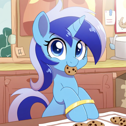 Size: 1024x1024 | Tagged: prompter needed, safe, imported from derpibooru, minuette, pony, unicorn, ai content, ai generated, bound, cookie, cute, female, food, generator:novelai, generator:stable diffusion, hnnng, hooves on the table, hooves together, horn, indoors, kitchen, looking at you, mare, minubetes, mouth hold, smiling, smiling at you, solo, window