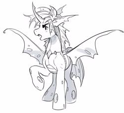 Size: 4096x3739 | Tagged: safe, artist:opalacorn, imported from derpibooru, shining armor, changeling, pony, black and white, curved horn, false shining au, fangs, grayscale, horn, male, monochrome, simple background, solo, spread wings, stallion, white background, wings