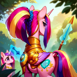 Size: 1024x1024 | Tagged: prompter needed, safe, imported from twibooru, princess cadance, ai content, armor, clone, from behind, image, levitation, looking at you, magic, multicolored mane, png, spear, telekinesis, weapon