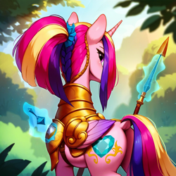 Size: 1024x1024 | Tagged: prompter needed, safe, imported from twibooru, princess cadance, ai content, armor, from behind, image, looking back, png, spear, weapon