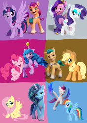 Size: 1240x1754 | Tagged: artist needed, safe, imported from derpibooru, applejack, fluttershy, hitch trailblazer, izzy moonbow, pinkie pie, pipp petals, rainbow dash, rarity, sunny starscout, twilight sparkle, zipp storm, alicorn, earth pony, pegasus, pony, unicorn, 40th anniversary, applejack (g5), bag, ball, blaze (coat marking), blue background, bracelet, braid, brown background, coat markings, conceited, facial markings, female, fluttershy (g5), flying, frown, g5, gray background, hitch and his heroine, hooves, horn, izzy and her heroine, izzy's tennis ball, jewelry, jumping, looking at each other, looking at someone, mane five, mane six, mane six (g5), misty and her heroine, misty brightdawn, movie accurate, my little pony: a new generation, open mouth, open smile, pink background, pinkie pie (g5), pipp and her heroine, purple background, rainbow dash (g5), rarity (g5), shy, simple background, sitting, smiling, smiling at each other, smirk, socks (coat markings), spread wings, standing, sunny and her heroine, tennis ball, twilight sparkle (alicorn), twilight sparkle (g5), walking, wings, zipp and her heroine