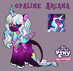 Size: 1280x1243 | Tagged: safe, artist:malinraf1615, imported from derpibooru, opaline arcana, alicorn, pony, alternate hairstyle, chest fluff, curved horn, female, g5, heterochromia, horn, leonine tail, mare, markings, missing cutie mark, redesign, scar, slit pupils, solo, story included, tail