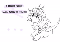 Size: 2160x1532 | Tagged: safe, artist:opalacorn, imported from derpibooru, princess flurry heart, alicorn, changepony, hybrid, pony, alternate universe, black and white, cloven hooves, dialogue, ear piercing, earring, false shining au, fangs, female, fetlock tuft, grayscale, implied twilight sparkle, jewelry, mare, monochrome, offscreen character, peytral, piercing, regalia, simple background, sketch, solo, species swap, speech bubble, white background