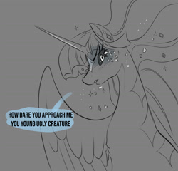 Size: 2400x2300 | Tagged: safe, artist:opalacorn, imported from derpibooru, twilight sparkle, alicorn, pony, alternate universe, black and white, black sclera, coat markings, crying, dialogue, facial markings, false shining au, female, grayscale, implied flurry heart, mare, monochrome, sketch, solo, speech bubble, star (coat marking)