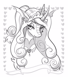 Size: 2814x3209 | Tagged: safe, artist:opalacorn, imported from derpibooru, princess flurry heart, alicorn, changeling, changepony, hybrid, pony, alternate universe, black and white, bust, curved horn, ear piercing, earring, eye clipping through hair, eyebrows, eyebrows visible through hair, false shining au, female, grayscale, horn, jewelry, mare, monochrome, necklace, older, older flurry heart, piercing, regalia, sketch, solo, species swap