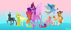Size: 4570x1936 | Tagged: safe, artist:skaiiravenom, imported from derpibooru, applejack, fluttershy, pinkie pie, rainbow dash, rarity, twilight sparkle, alicorn, earth pony, pegasus, pony, unicorn, animator, cartoonist, gradient background, horn, mane six, mane six redesign, princess, twilight sparkle (alicorn)