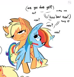 Size: 1220x1270 | Tagged: safe, artist:appledash3r_, imported from derpibooru, applejack, rainbow dash, earth pony, pegasus, pony, appledash, applejack is not amused, applejack's hat, blonde mane, blonde tail, blue coat, colored, colored sketch, cowboy hat, dialogue, duo, ear fluff, eye clipping through hair, eyebrows, eyebrows visible through hair, eyelashes, female, flat colors, freckles, frown, hat, impatient, lesbian, lidded eyes, long mane, long tail, looking at someone, mare, multicolored hair, multicolored mane, multicolored tail, narrowed eyes, no catchlights, open mouth, orange coat, ponytail, rainbow hair, rainbow tail, shipping, simple background, sketch, speech bubble, standing, tail, talking, text, tied mane, tied tail, unamused, white background, wings, wings down