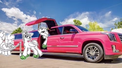 Size: 4096x2276 | Tagged: safe, artist:opalacorn, imported from derpibooru, oc, oc only, oc:void, alicorn, earth pony, pegasus, pony, cadillac, camera, car, clothes, crocs, female, limousine, male, mare, shoes, stallion, sunglasses, suv, vehicle
