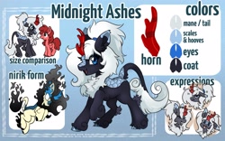 Size: 2700x1681 | Tagged: safe, artist:opalacorn, imported from derpibooru, oc, oc only, oc:midnight ashes, kirin, nirik, pegasus, pony, cloven hooves, female, leonine tail, mare, reference sheet, tail, unshorn fetlocks