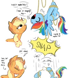 Size: 851x954 | Tagged: safe, artist:appledash3r_, imported from derpibooru, applejack, rainbow dash, earth pony, pegasus, pony, 2 panel comic, appledash, applejack's hat, blonde mane, blue coat, colored, colored sketch, comic, cowboy hat, dialogue, duo, duo female, emanata, eye clipping through hair, eyebrows, eyebrows visible through hair, eyelashes, eyes closed, facehoof, female, flat colors, freckles, frown, hanging, hanging upside down, hat, lesbian, lidded eyes, mare, multicolored hair, multicolored mane, multicolored tail, narrowed eyes, no catchlights, open mouth, orange coat, plewds, ponytail, rainbow hair, rainbow tail, rope, sheepish grin, shipping, simple background, sketch, speech bubble, stuck, tail, talking, text, tied mane, tied up, upside down, white background, you tried