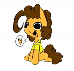 Size: 1036x985 | Tagged: safe, artist:appledash3r_, imported from derpibooru, cheese sandwich, earth pony, pony, artists:appledash3r, brown mane, brown tail, clothes, colored, curly mane, curly tail, cute, diacheeses, flat colors, gift art, heart, male, open mouth, open smile, orange coat, shirt, simple background, sitting, smiling, solo, speech bubble, stallion, t-shirt, tail, tongue out, white background, wide eyes