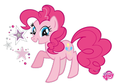 Size: 1046x690 | Tagged: safe, edit, imported from derpibooru, vector edit, pinkie pie, earth pony, pony, looking at you, my little pony logo, official, open mouth, open smile, raised hoof, simple background, smiling, stars, transparent background, vector