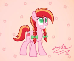 Size: 584x485 | Tagged: safe, artist:jacksterqueen, imported from derpibooru, oc, oc only, earth pony, pony, bow, braid, female, filly, foal, freckles, grin, looking up, mare, offspring, parent:big macintosh, parent:princess cadance, parents:cadmac, signature, smiling, solo