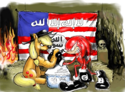 Size: 837x616 | Tagged: safe, artist:moonraiser2, imported from derpibooru, applejack, earth pony, echidna, pony, american flag, arabic, arm wrestling, crossover, duo, female, fire, knuckles the echidna, male, mare, sonic the hedgehog (series)