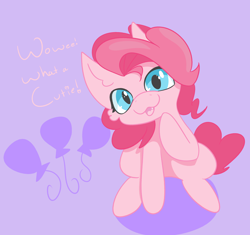 Size: 2460x2316 | Tagged: safe, artist:tkshoelace, imported from derpibooru, pinkie pie, earth pony, pony, hoof on chin, looking at you, purple background, raised hoof, simple background, solo, text