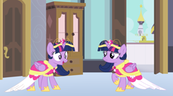 Size: 3175x1755 | Tagged: safe, artist:brightstar40k, imported from derpibooru, twilight sparkle, alicorn, changeling, pony, base used, canterlot, clothes, coronation dress, disguise, disguised changeling, double, dress, duo, female, folded wings, impostor, indoors, looking at each other, looking at someone, mare, open mouth, open smile, raised hoof, smiling, twilight sparkle (alicorn), uh oh, wings, worried