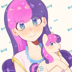 Size: 2248x2248 | Tagged: safe, artist:kekibon, imported from derpibooru, bon bon, sweetie drops, earth pony, human, pony, equestria girls, adorabon, blushing, clothes, cute, dress, female, human ponidox, mare, open mouth, self paradox, self ponidox, smiling, solo