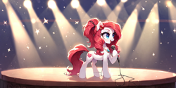 Size: 2400x1200 | Tagged: safe, imported from derpibooru, oc, earth pony, pony, ai content, ai generated, microphone, prompter:greesys, scene, solo