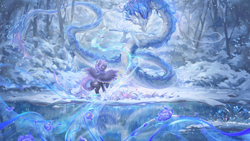 Size: 2880x1620 | Tagged: safe, artist:巧克力戰車, imported from derpibooru, oc, oc only, oc:moonlight flower, oc:starlight classic, dragon, pegasus, forest, nature, orchestra, snow, snowfall, tree, water, winter