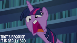 Size: 2000x1125 | Tagged: safe, edit, edited screencap, editor:quoterific, imported from derpibooru, screencap, twilight sparkle, alicorn, every little thing she does, library, solo, twilight sparkle (alicorn), twilight's castle, twilight's castle library, yelling