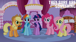 Size: 2000x1125 | Tagged: safe, edit, edited screencap, editor:quoterific, imported from derpibooru, screencap, applejack, fluttershy, pinkie pie, rainbow dash, twilight sparkle, unicorn, suited for success, bed, carousel boutique, unicorn twilight