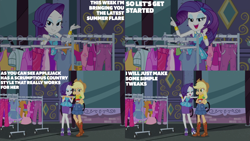 Size: 2000x1125 | Tagged: safe, edit, edited screencap, editor:quoterific, imported from derpibooru, screencap, applejack, rarity, equestria girls, street chic, spoiler:eqg series (season 2), clothes rack, duo, duo female, female, my little pony equestria girls: better together