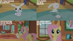 Size: 2000x1125 | Tagged: safe, edit, edited screencap, editor:quoterific, imported from derpibooru, screencap, angel bunny, fluttershy, a bird in the hoof, clock tower, duo, fluttershy's cottage (interior), pocket watch