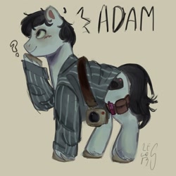 Size: 1440x1440 | Tagged: safe, artist:l3l0irs, imported from derpibooru, earth pony, pegasus, pony, black hair, black mane, black tail, blushing, camera, clothes, cream background, emanata, emoji, hooves, male, name, oversized clothes, oversized shirt, ponified, question mark, raised hoof, saw, saw (movie), shirt, side view, simple background, slight smile, smiling, solo, standing, tail, thinking, thinking emoji, unshorn fetlocks