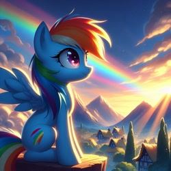 Size: 1024x1024 | Tagged: safe, imported from derpibooru, rainbow dash, pegasus, pony, ai content, ai generated, cloud, female, generator:bing image creator, generator:dall-e 3, house, looking up, morning, mountain, prompter:equestria pony fans, rainbow, sitting, sky, solo, sun, sunrise, tree, tree stump, wrong cutie mark