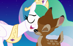 Size: 1125x710 | Tagged: safe, imported from twibooru, screencap, princess celestia, bambi, image, nuzzling, png, solo