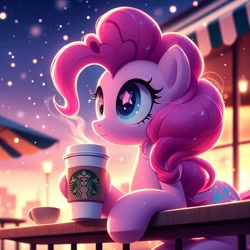 Size: 1024x1024 | Tagged: safe, imported from derpibooru, pinkie pie, earth pony, ai content, ai generated, balcony, city, coffee, cup, drink, evening, female, generator:bing image creator, generator:dall-e 3, logo, outdoors, prompter:equestria pony fans, sitting, sky, solo, starbucks, starry eyes, stars, steam, streetlight, wingding eyes, wrong cutie mark