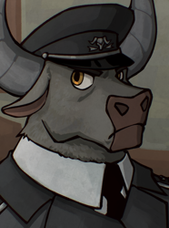 Size: 1040x1400 | Tagged: safe, artist:bunnyshrubby, imported from derpibooru, oc, oc only, oc:andris dóry, minotaur, equestria at war mod, bust, cap, clothes, hat, jacket, male, necktie, portrait, solo