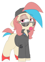 Size: 1823x2523 | Tagged: safe, artist:chaosllama, imported from derpibooru, oc, oc only, oc:jenny bit, earth pony, pony, backwards ballcap, baseball cap, bubblegum, cap, clothes, female, food, gum, hat, jacket, lidded eyes, mare, multicolored hair, shoes, simple background, solo, sunglasses, transparent background