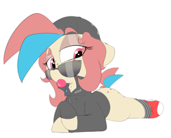 Size: 2661x2151 | Tagged: safe, artist:chaosllama, imported from derpibooru, oc, oc only, oc:jenny bit, earth pony, pony, backwards ballcap, baseball cap, bubblegum, cap, clothes, food, freckles, gum, hat, jacket, lying down, multicolored hair, shoes, short tail, simple background, socks, solo, sticker, sunglasses, tail, transparent background