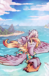 Size: 1430x2198 | Tagged: safe, artist:lonerdemiurge_nail, imported from derpibooru, derpy hooves, pegasus, pony, clothes, flying, hat, hawaiian shirt, island, looking up, ocean, shirt, solo, straw hat, suitcase, water