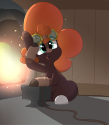 Size: 2472x2833 | Tagged: safe, artist:chaosllama, imported from derpibooru, oc, oc only, oc:sif, earth pony, pony, anvil, blacksmith, clothes, female, furnace, gloves, goggles, looking at you, looking back, looking back at you, mare, poofy mane, solo