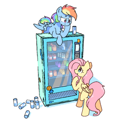 Size: 1600x1600 | Tagged: safe, artist:morningbullet, imported from derpibooru, fluttershy, rainbow dash, pegasus, pony, bottle, drink, duo, duo female, female, simple background, soda, soda can, spread wings, thinking, vending machine, white background, wings