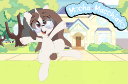 Size: 4000x2644 | Tagged: safe, artist:chaosllama, imported from derpibooru, oc, oc only, oc:mocha bean macchiato, pony, unicorn, beanie, detailed background, freckles, glasses, grass, happy, hat, hoof heart, horn, house, jumping, poster, short tail, solo, tail, tree, underhoof