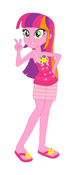 Size: 259x625 | Tagged: safe, artist:leahrow, artist:mak2020, artist:selenaede, imported from derpibooru, human, equestria girls, base used, beachberry (g4), clothes, cutie mark, cutie mark on clothes, equestria girls-ified, hand on hip, peace sign, sandals, shoes, simple background, smiling, solo, swimsuit, white background