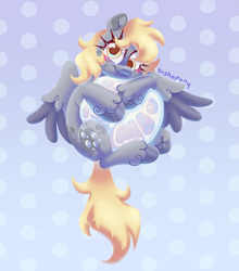 Size: 2421x2751 | Tagged: safe, artist:bishopony, imported from derpibooru, derpy hooves, pegasus, pony, blush scribble, blushing, bubble, cute, derpabetes, floating, gradient background, high res, hug, long eyelashes, looking at you, patterned background, signature, smiling, smiling at you, solo, spread wings, unshorn fetlocks, wings