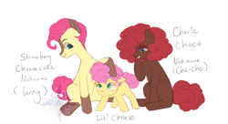 Size: 1024x558 | Tagged: safe, artist:boringartist, imported from derpibooru, li'l cheese, oc, oc:cherie choc, oc:strawberry cheesecake, earth pony, pony, the last problem, coat markings, colt, eyeshadow, female, filly, foal, grin, high res, hoof on head, lidded eyes, makeup, male, name, offspring, parent:cheese sandwich, parent:pinkie pie, parents:cheesepie, siblings, simple background, smiling, socks (coat markings), trio, white background