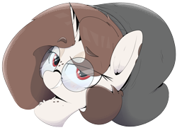Size: 2258x1662 | Tagged: safe, artist:chaosllama, imported from derpibooru, oc, oc only, oc:mocha bean macchiato, pony, unicorn, beanie, bust, freckles, glasses, hat, horn, looking at you, portrait, simple background, smiling, smirk, solo, transparent background