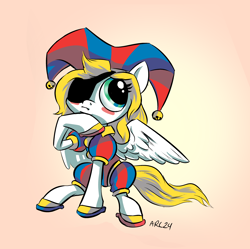 Size: 3136x3128 | Tagged: safe, artist:lytlethelemur, imported from derpibooru, oc, oc only, oc:swift wing, pegasus, pony, eyepatch, female, mare, pegasus oc, pomni, simple background, solo, the amazing digital circus, wings
