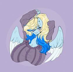 Size: 2290x2251 | Tagged: safe, artist:tomi_ouo, imported from derpibooru, oc, oc only, oc:azure opus, anthro, pegasus, big breasts, blind, blushing, breasts, bust, clothes, ear piercing, female, mare, piercing, smiling, solo, spread wings, stretching, sweater, sweater puppies, two toned mane, wings